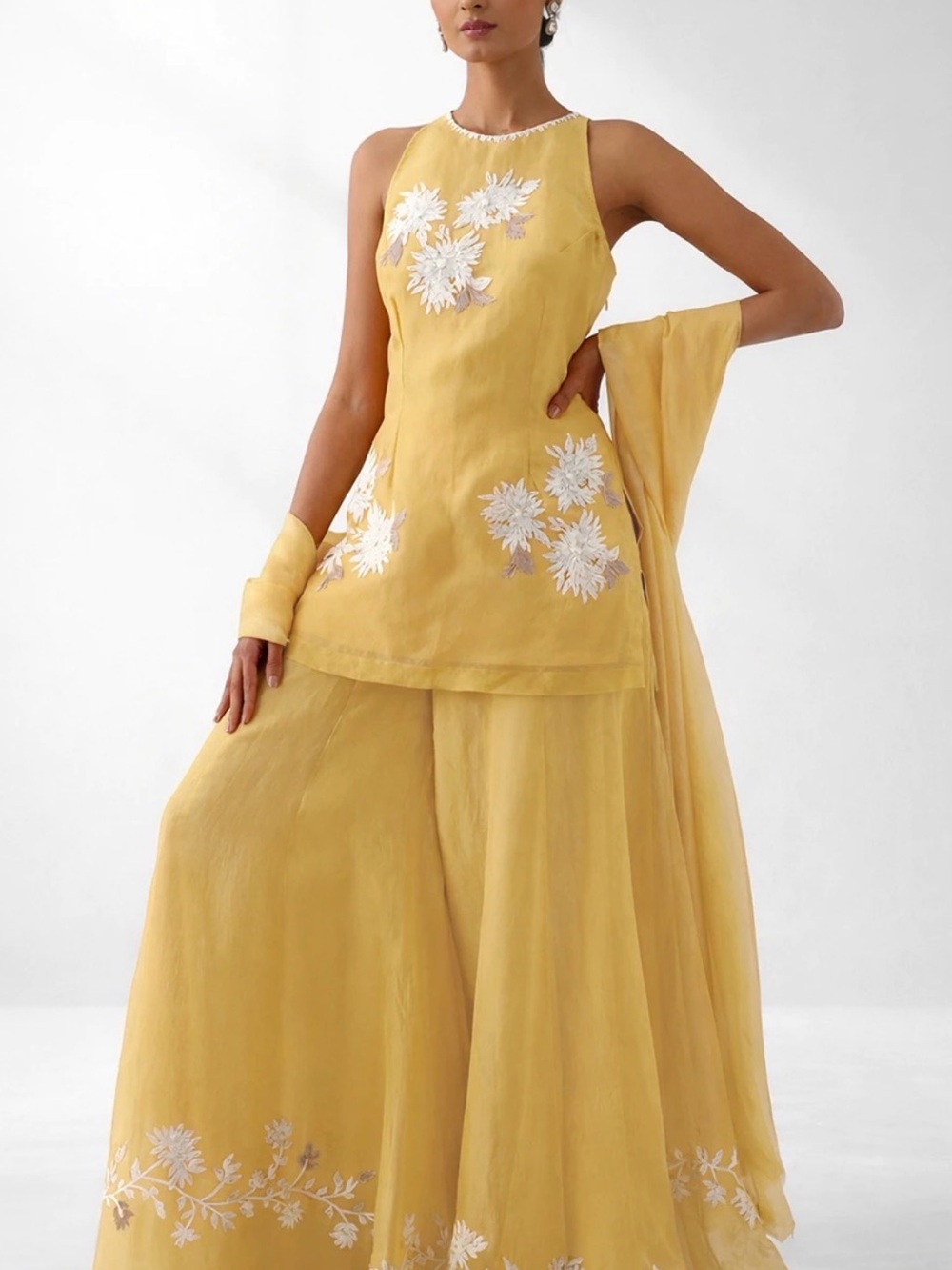 Yellow Embroidered Organza Tunic Set